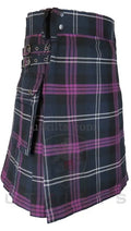 Traditional Scottish Tartan Utility Kilt in Black and Pink Plaid with Leather Straps