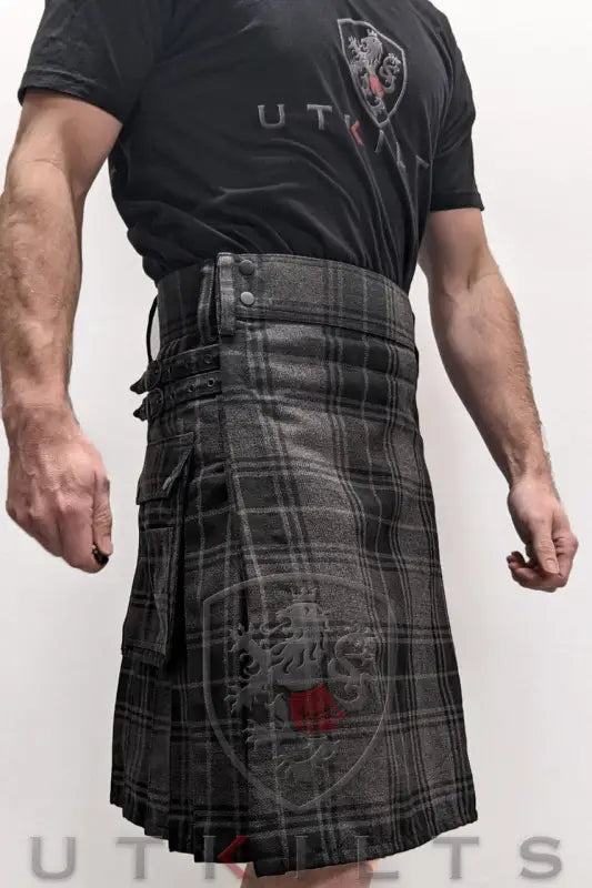 Modern gray tartan utility kilt with pleats and cargo pockets in Highlander Gray Tartan