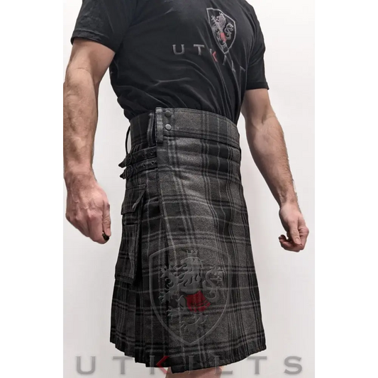 Modern gray tartan utility kilt with pleats and cargo pockets in Highlander Gray Tartan