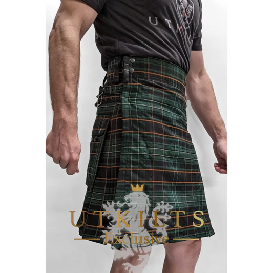 Traditional Scottish Tartan Utility Kilt featuring Irish Black Tartan and embroidered hem