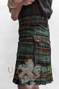 Traditional Scottish Tartan Utility Kilt in Irish Black Tartan with embroidered design