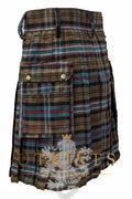 Traditional Scottish National Weathered Tartan Utility Kilt in brown and blue plaid
