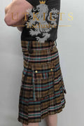 Traditional Scottish kilt in brown and multicolored plaid tartan pattern for utility kilt