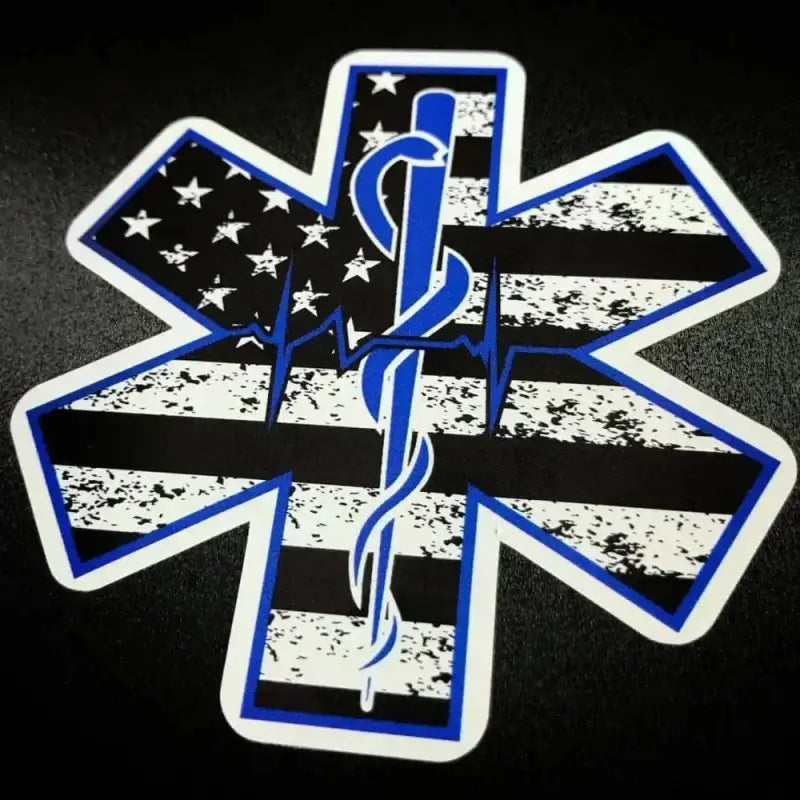 Star of Life American Flag with Rod of Asclepius decal in black and white design