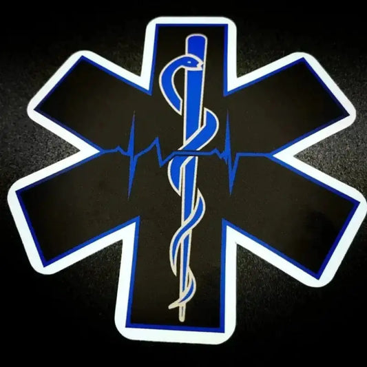 Star of Life medical symbol in blue neon with EKG heartbeat on black & blue decal