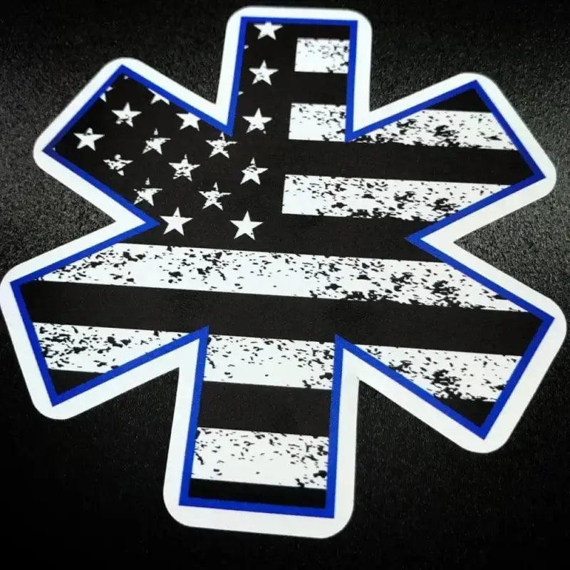 Star of Life symbol with B&W American flag pattern and blue outline - Flag decal