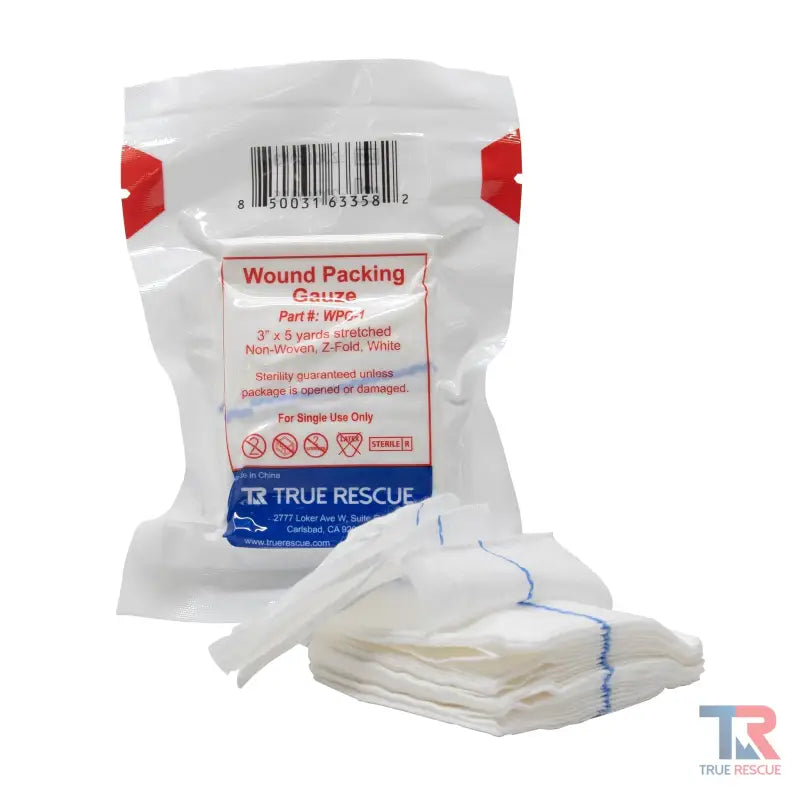 Sterile wound packing gauze in sealed package with x-ray detectable lines for safe use