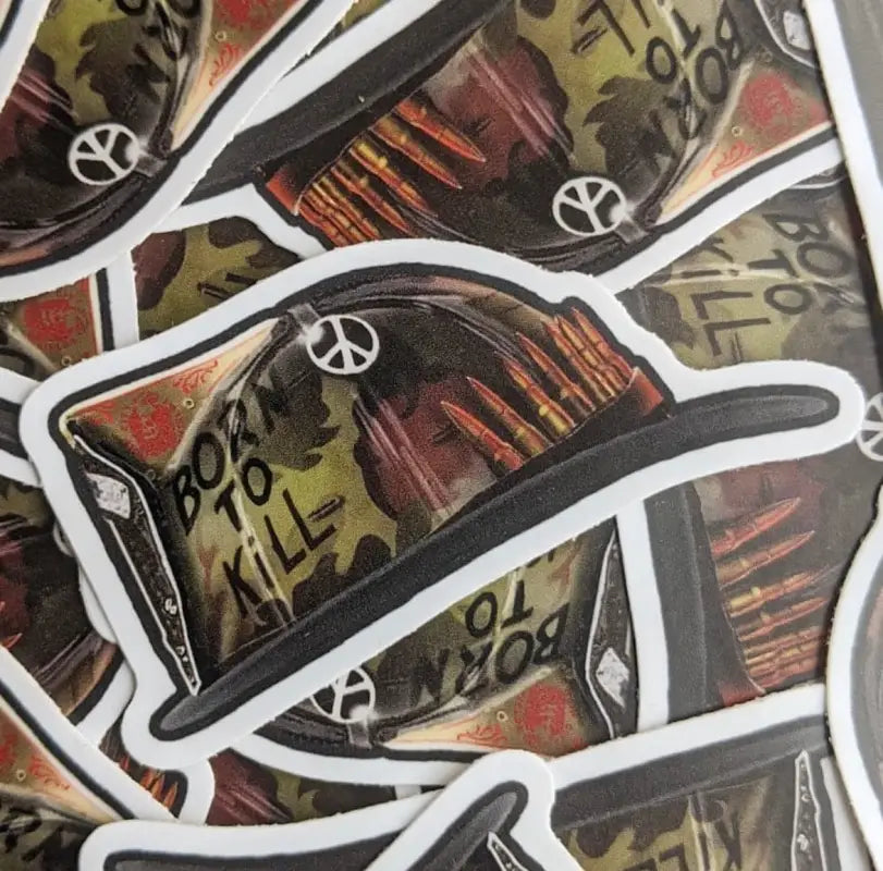 Combat boot sticker with peace symbols and camouflage on Full Leather Helmet for first responders