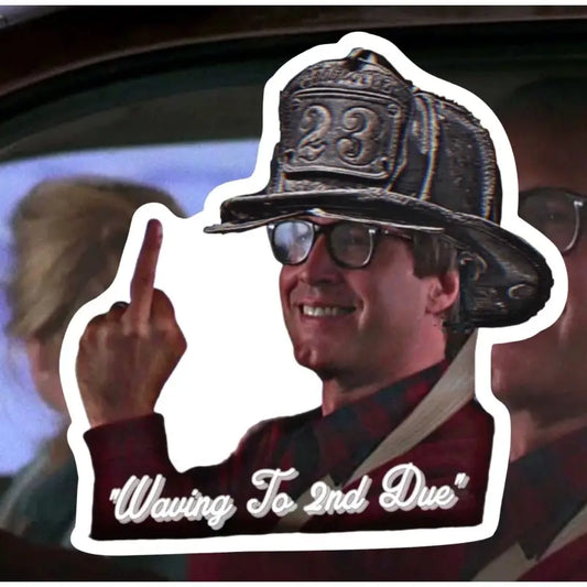 Sticker featuring a glasses-wearing firefighter with a hand gesture for 2nd Due Stickers