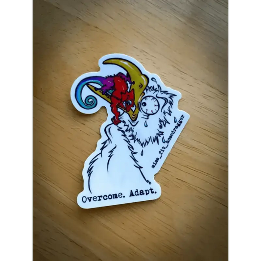 Yeti sticker with climber and text Overcome Adapt for Miss Fit Hose Dragger Decal & Carabiner