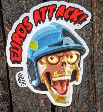 Zombie skull sticker with blue helmet and Euros Attack text for first responders