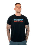 Black stigma-breaking unisex tee with blue RUOK text and tattooed arms promoting mental health