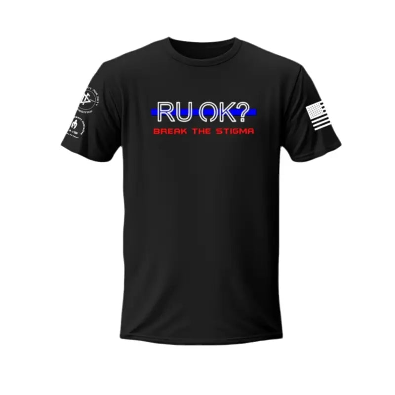 Black stigma-breaking unisex tee featuring RU OK text in colorful lettering for mental health awareness