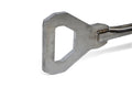 Metal bottle opener featuring a D-shaped handle, ideal for use with Stitch Hook