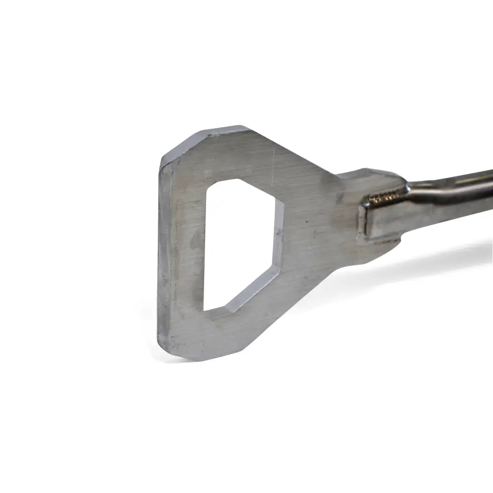 Metal bottle opener featuring a D-shaped handle, ideal for use with Stitch Hook