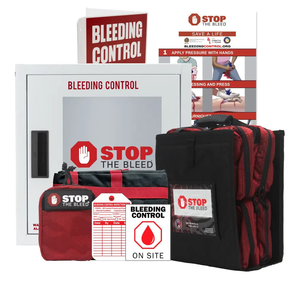 STOP THE BLEED Package - California AB 2260 Compliant (6 Kits) - Standard (C-A-T Tourniquet) / Large Alarmed Cabinet &