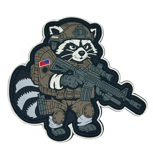 Cartoon tactical raccoon in military gear with assault rifle from Street Cat Collection Patch