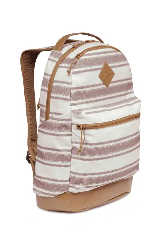 Striped ECHO EDC Backpack with brown leather trim, ideal for concealed carry needs