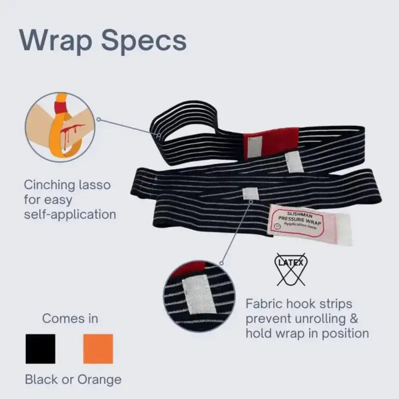 Striped fabric Slishman Pressure Wrap with lasso and hook strips for secure fastening