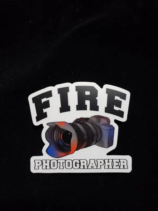 Stylized Fire Photographer logo with camera icon for weather-resistant helmet decal