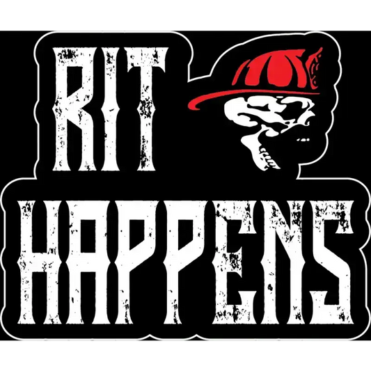 Stylized RIT sticker logo with skull in firefighter helmet, honoring first responders