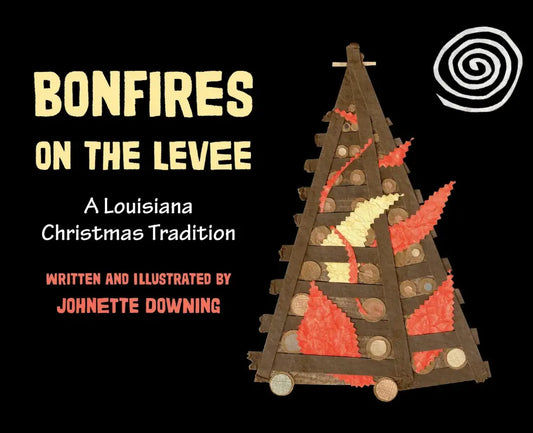 Stylized triangular bonfire with red flames at Bonfires on the Levee holiday event