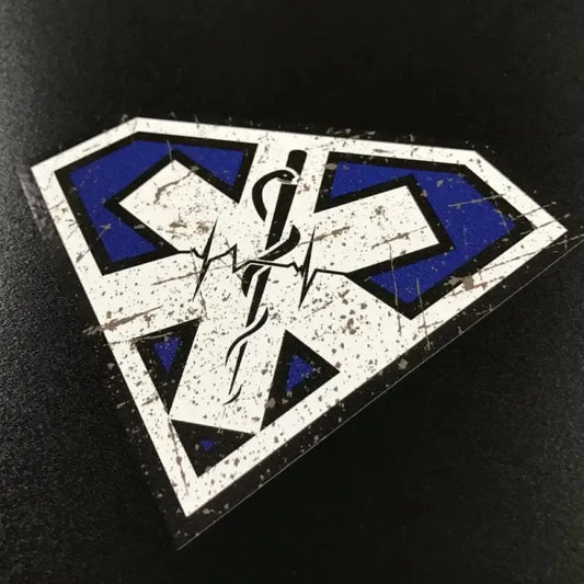 Super EMS White logo design featuring Star of Life and superhero shield in blue and white