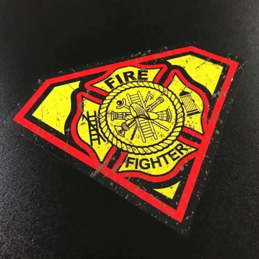 Super Firefighter decal featuring modified logo with firefighter symbols in red and yellow