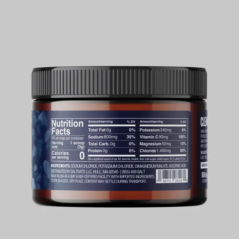 Supplement container with nutrition facts for Raw Unflavored Electrolyte Powder to stay hydrated