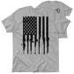 Rifle flag safety yellow T-shirt with gun-themed American flag design
