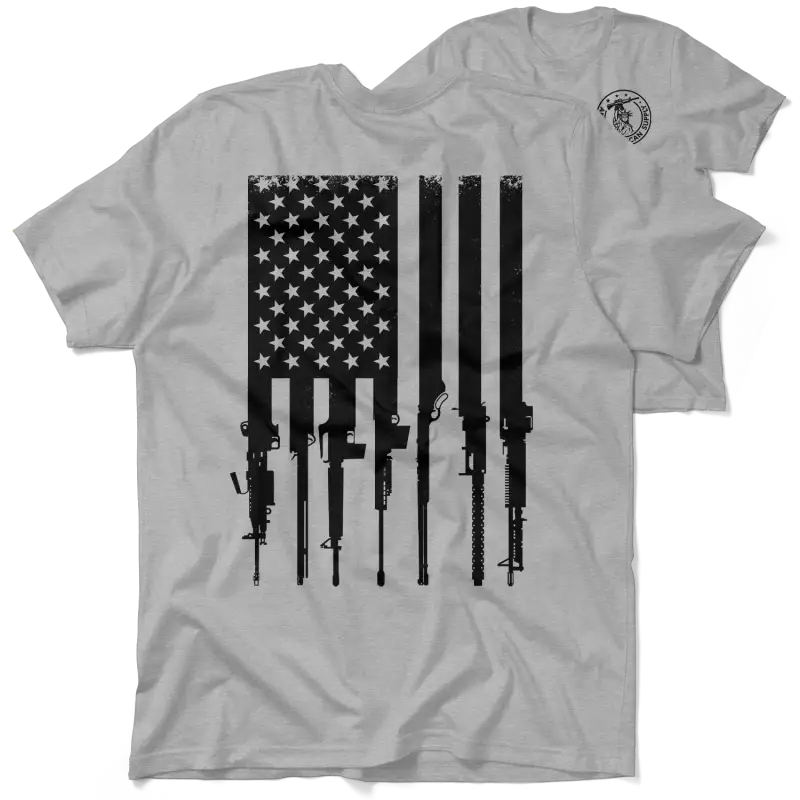 Rifle flag safety yellow T-shirt with gun-themed American flag design