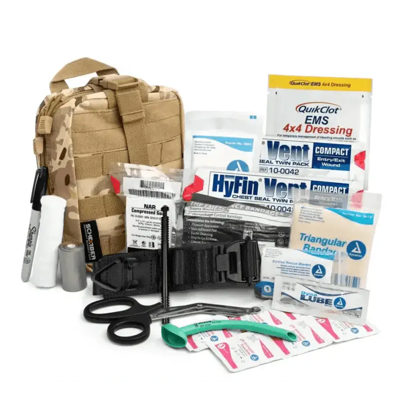 Tactical first aid kit with medical supplies in Scherber Premium IFAK tan MOLLE pouch