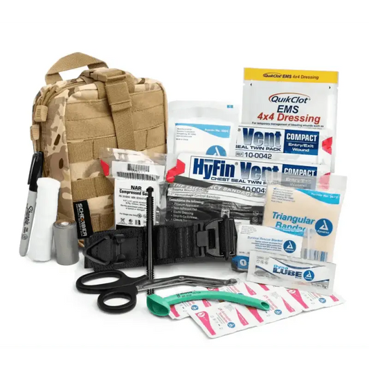 Tactical first aid kit with medical supplies in Scherber Premium IFAK tan MOLLE pouch