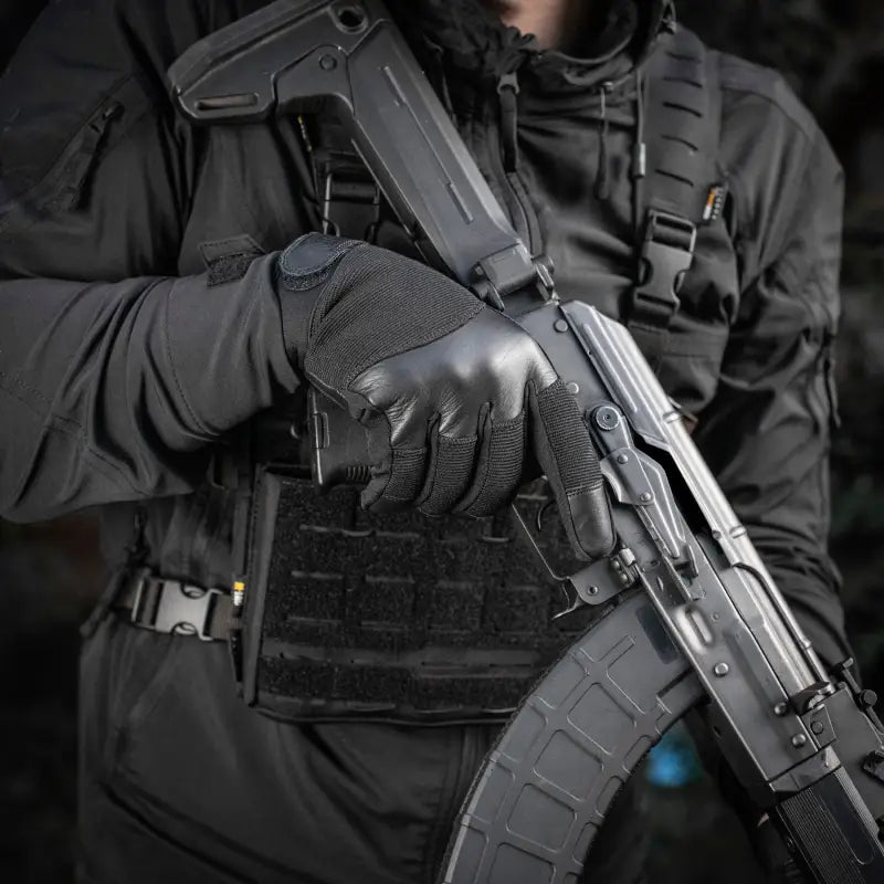 Tactical AK-style rifle with M-Tac Gloves Police Gen.2 for enhanced performance