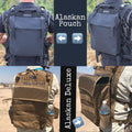 Tactical backpack with modular pouches and water bottle holders in black and tan variants for Black Mesh CSI Vest