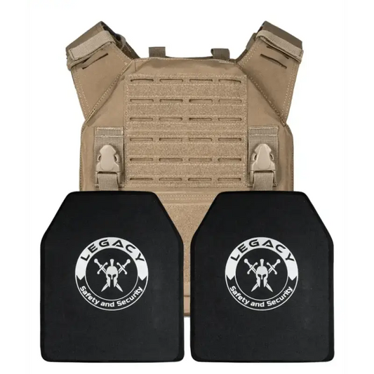 Tactical QRF Plate Carrier with Level III black ballistic plates and Legacy logos