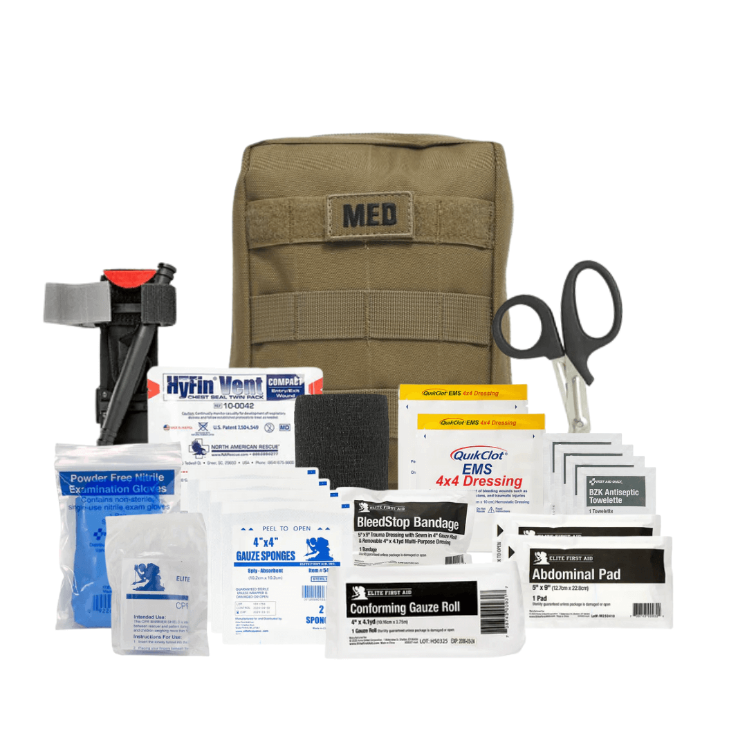 Tactical IFAK Pro w/TQ & Chest Seals kit displayed with contents including a tourniquet and hemostatic gauze.
