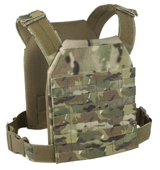 Lightweight Plate Carrier in MultiCam camouflage with removable molle and coyote tan accents