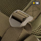 Olive drab tactical nylon buckle fastener on M-Tac Assault Pack with large main zippered compartments