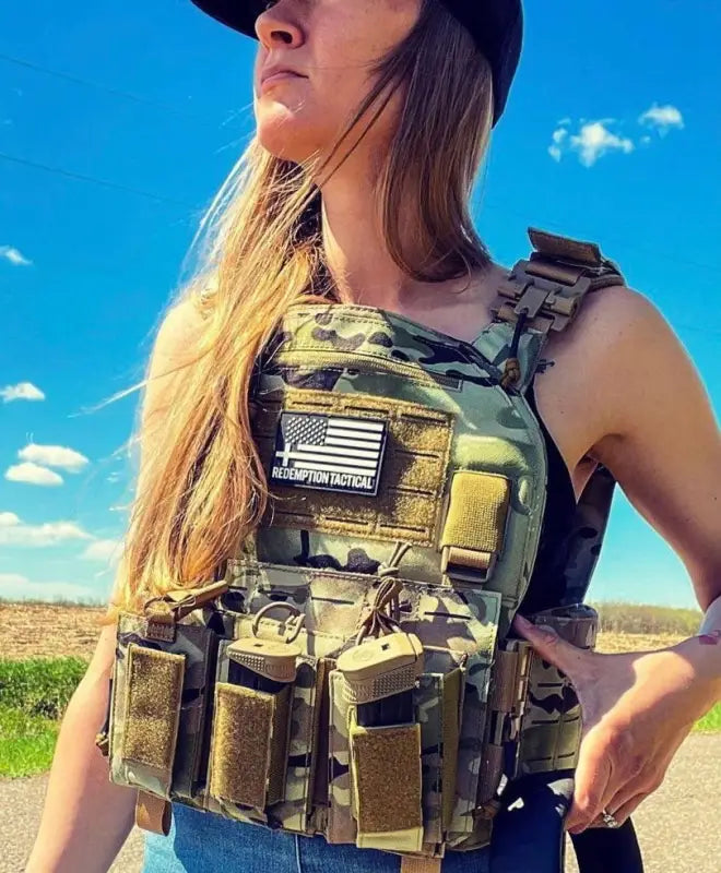 Tactical plate carrier with magazine pouches and hook-and-loop patch, large size body armor