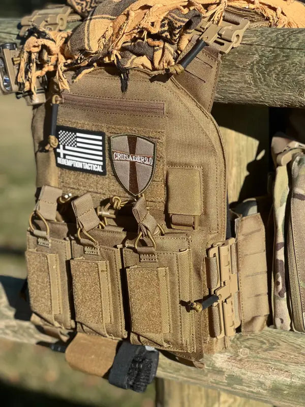 Tactical vest with pouches and patches from CRUSADER 2.0 armor large size body armor by Redemption Tactical