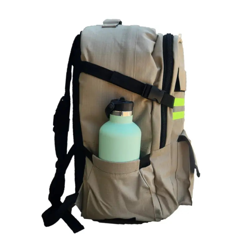 Tan firefighter personalized backpack with black straps and mint water bottle