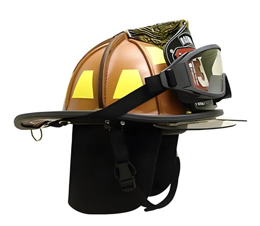 Tan and black American Heritage Leather Helmet with ESS FirePro goggles attached