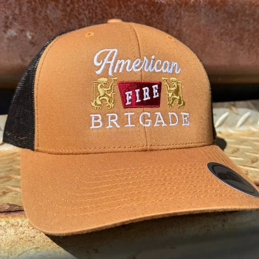 Tan and black mesh Banquet Retro Hat featuring American Fire Brigade embroidery