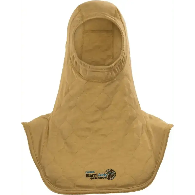 Tan firefighting hood with Bartact logo, part of PGI Barriaire Gold Particulate Hood