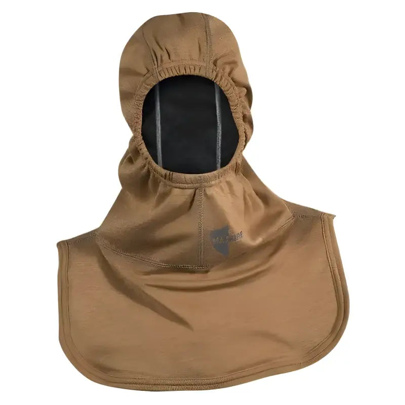 Tan firefighting hood with elastic face opening in Majestic HALO Nomex Blend