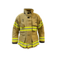 Tan Maverick Fire Gear Jacket with reflective yellow stripes and storm flap features