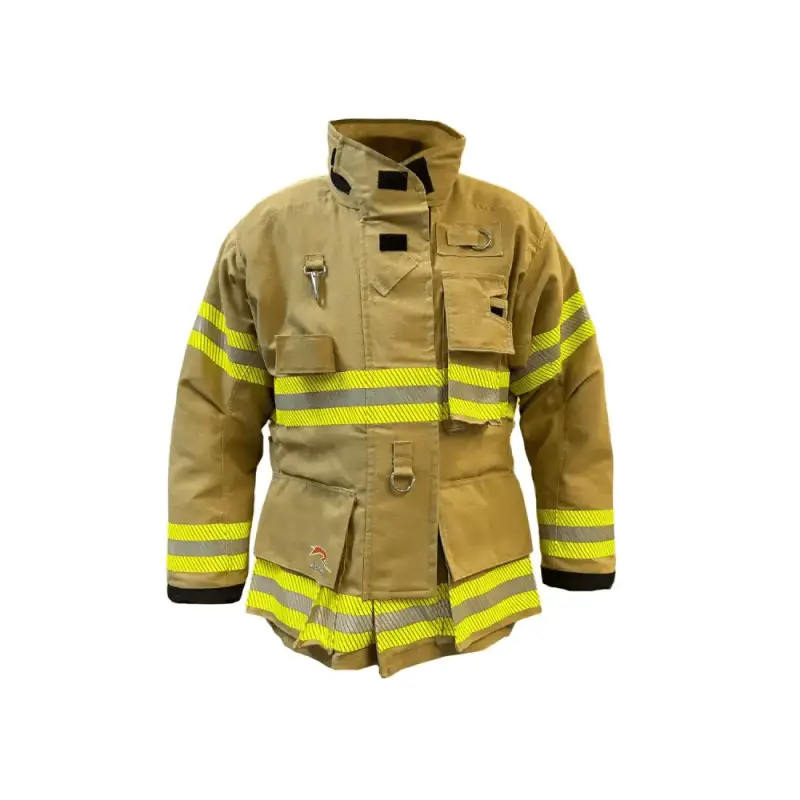 Tan Maverick Fire Gear Jacket with reflective yellow stripes and storm flap features