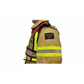 Tan firefighter’s jacket with reflective stripes on ULTRABRIGHT RED-FIRE PUBLIC SAFETY VEST