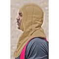 Tan PGI Barriaire Gold Particulate Hood over grey and pink clothing for complete coverage